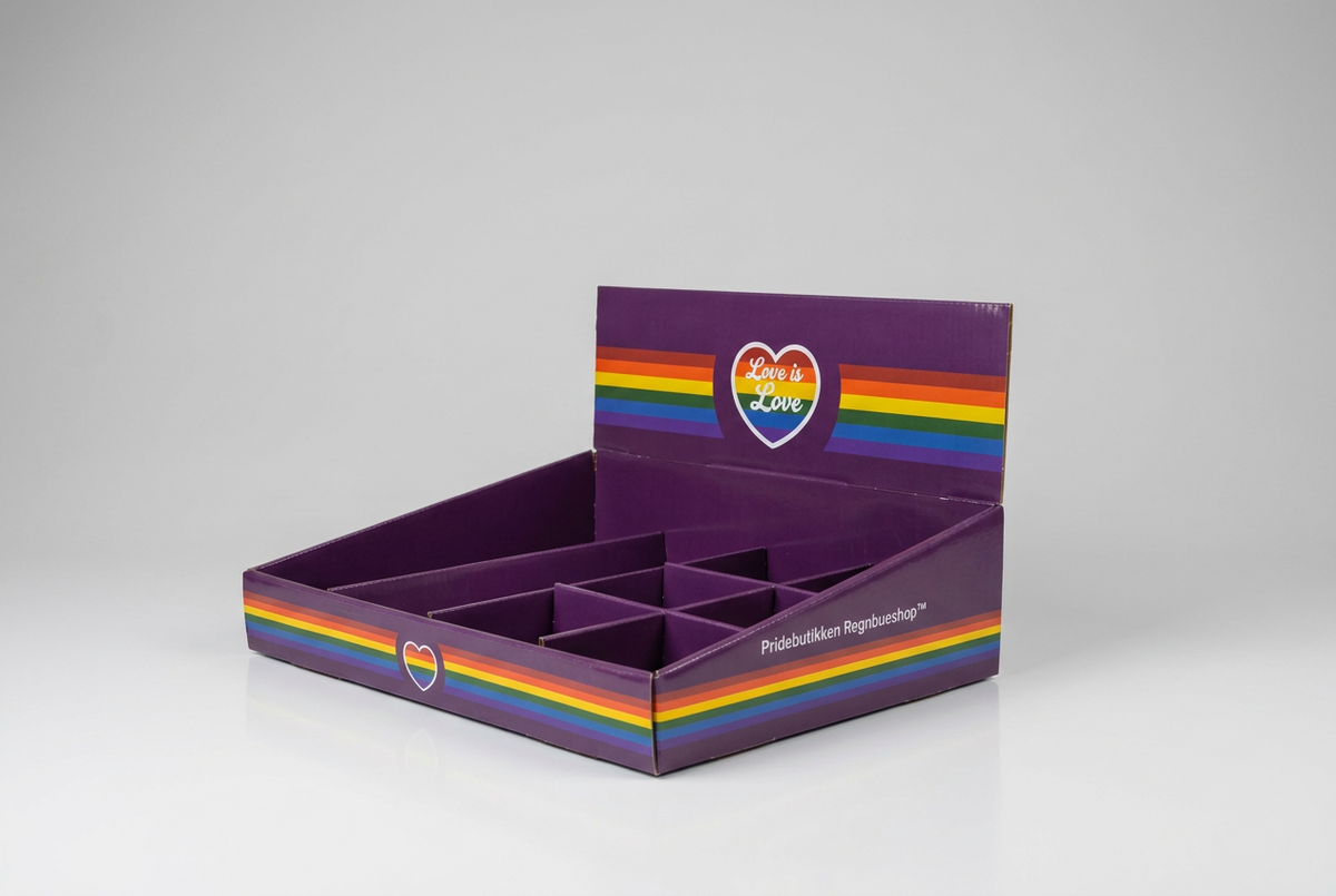 Pride Borddisplay Sjokkselger for detaljehandel for salg av prideprodukter fra Regnbueshop Pridebutikken