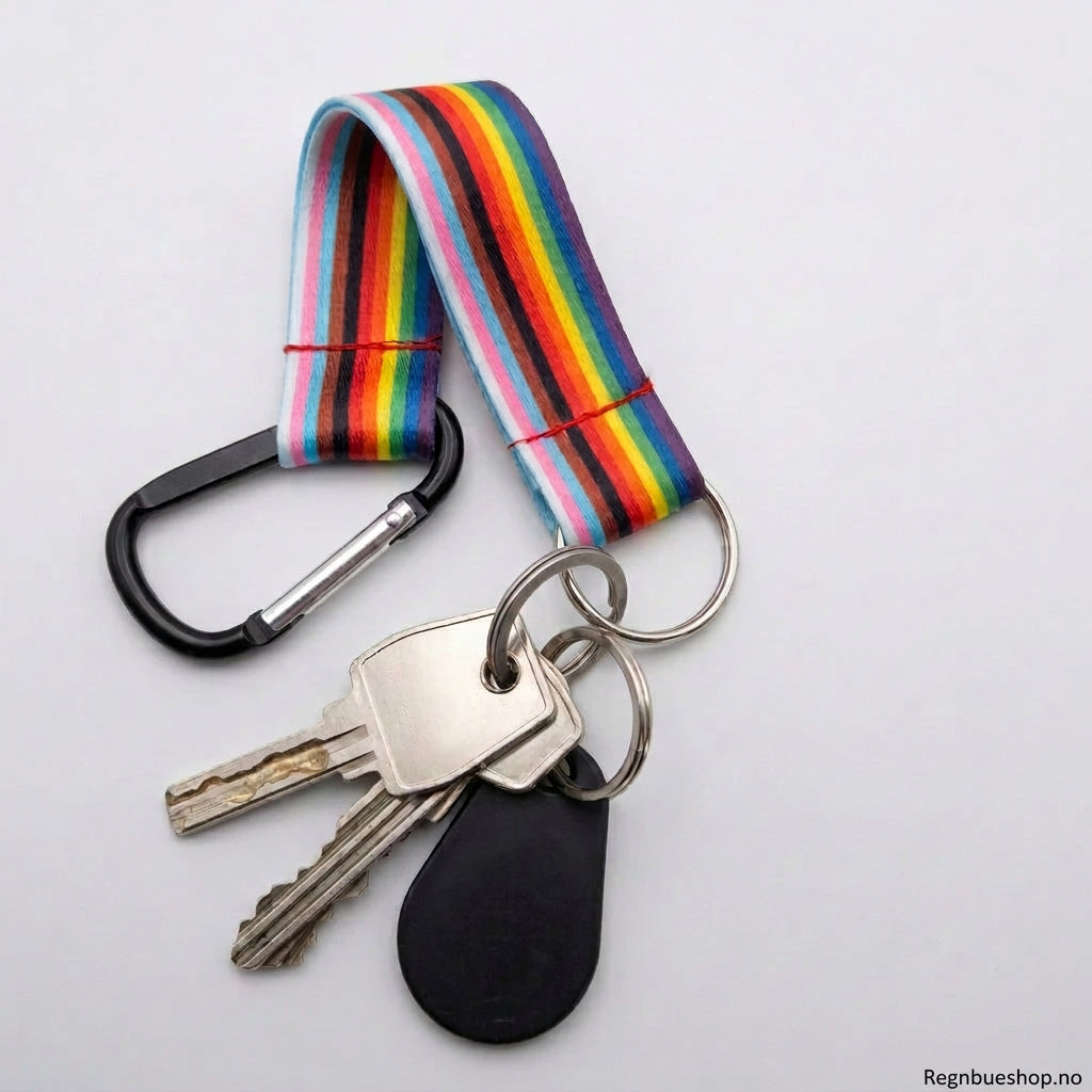 Nøkkelring med kort nøkkelbånd og karabinkrok progressiv pride pridebutikken regnbueshop