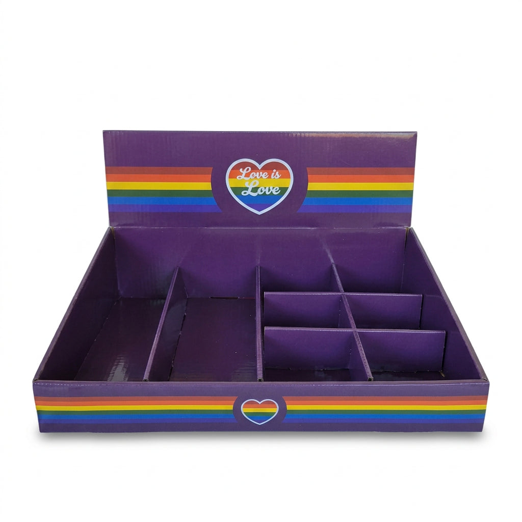 Pride Borddisplay Sjokkselger for detaljehandel for salg av prideprodukter fra Regnbueshop Pridebutikken