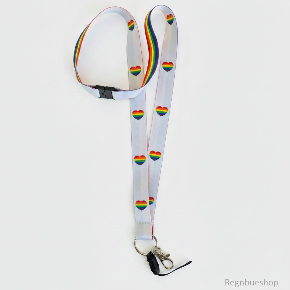 Pride Regnbueglimt Nøkkelbånd Hjerter Prideartikler 45 cm  langt 2 cm bredt Pridebutikken Regnbueshop