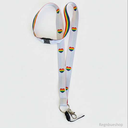 Pride Regnbueglimt Nøkkelbånd Hjerter Prideartikler 45 cm  langt 2 cm bredt Pridebutikken Regnbueshop