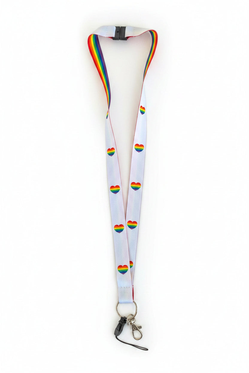 Pride Regnbueglimt Nøkkelbånd Hjerter Prideartikler 45 cm  langt 2 cm bredt Pridebutikken Regnbueshop