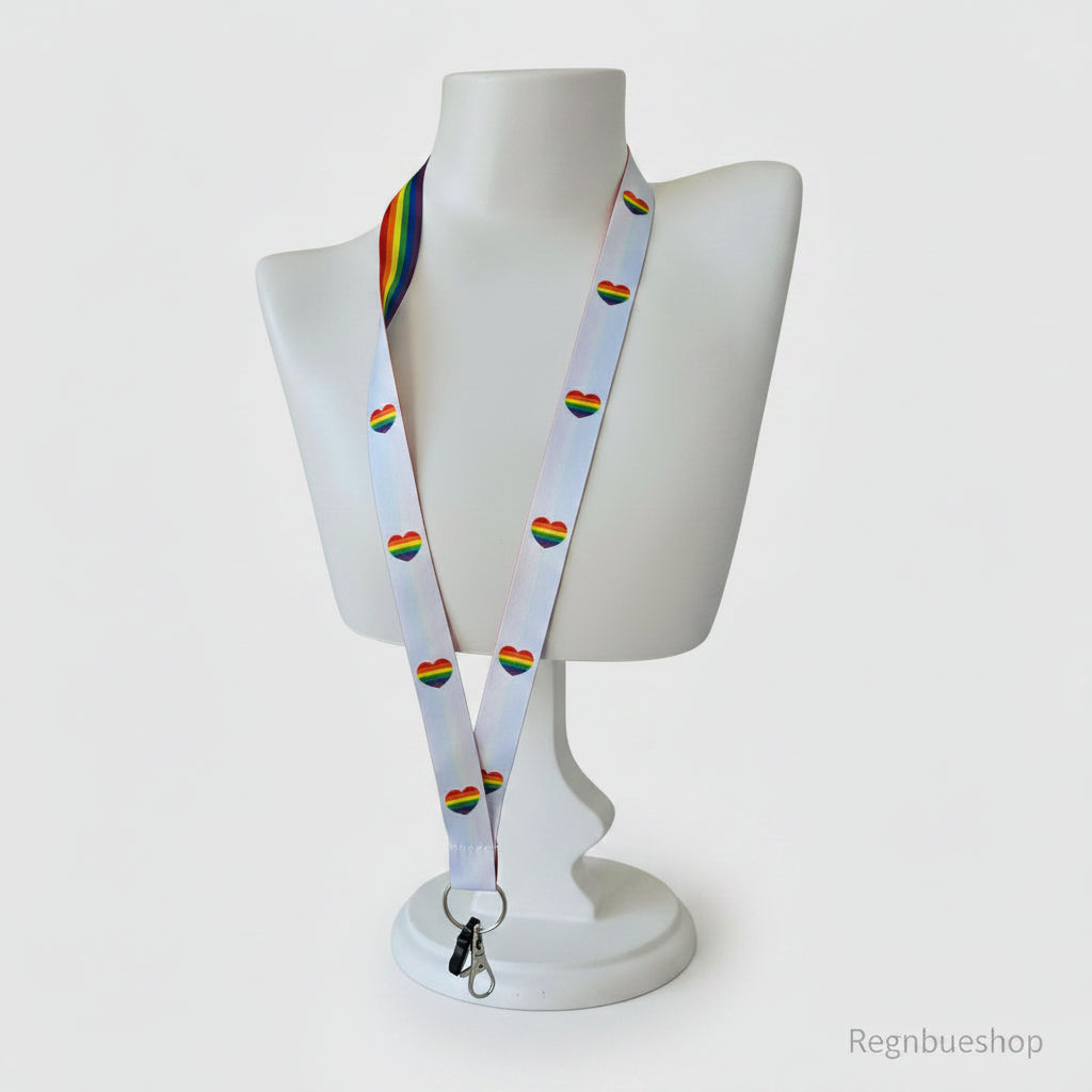 Pride Regnbueglimt Nøkkelbånd Hjerter Prideartikler 45 cm  langt 2 cm bredt Pridebutikken Regnbueshop