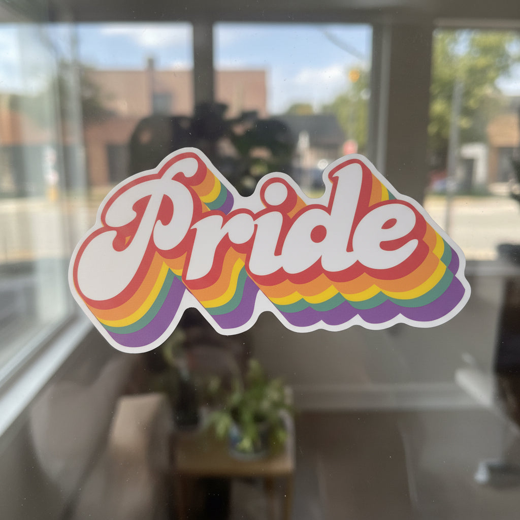 Retro Pride utendørs vinylklistremerke regnbueshop pridebutikken 15 cm bredt