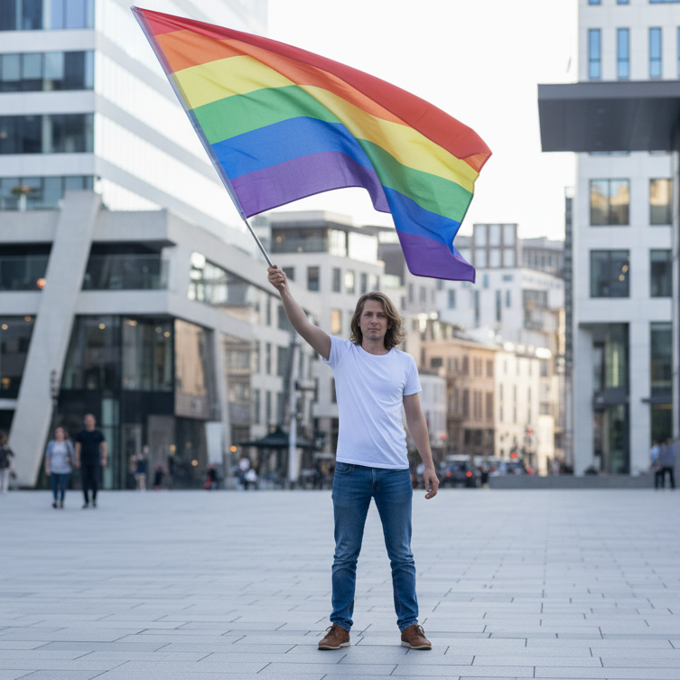 Stort prideflagg på tekleskopstang