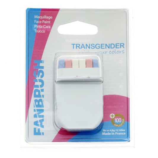 Regnbueshop - FANBRUSH Ansiktsfarge - Ansiktsdekorasjon - anbrush med tre striper i trans-flaggets farger – blå, rosa og hvit – kremet ansiktsmaling.
